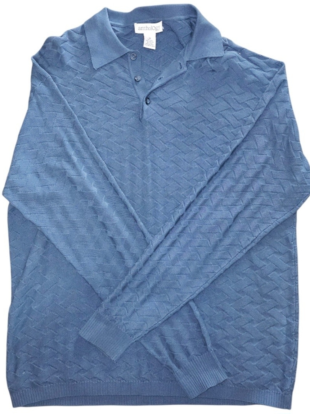 Anthology blue medium long-sleeve knit polo shirt silk blend geometric pattern
